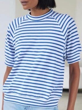 AYR Blue & White Striped Boxy Cotton Tee Raglan Short Sleeve Top